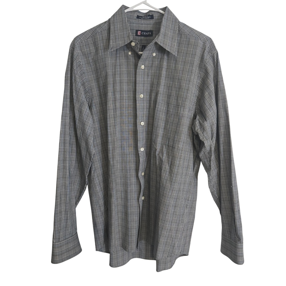 Chaps Classic Fit Wrinkle Free Plaid Dress Shirt Mens L 16 34/35 Gray‎ Blue